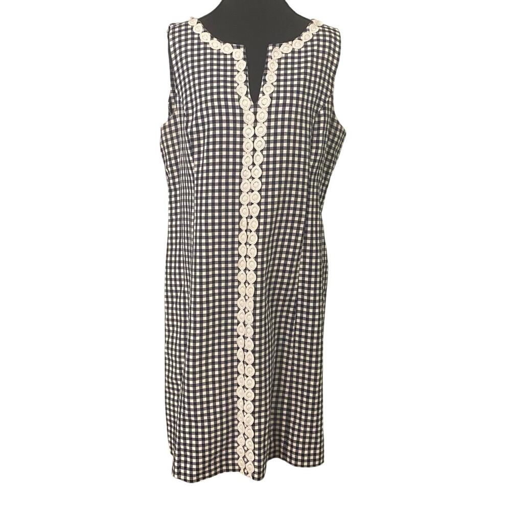Crown & Ivy Size 14 Black Gingham Embroidered Shift Dress Cotton Stretch